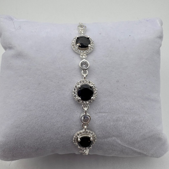 Sterling Silver Adjustable Bracelet Faux Sapphire Clear Crystals .925 - Picture 7 of 13
